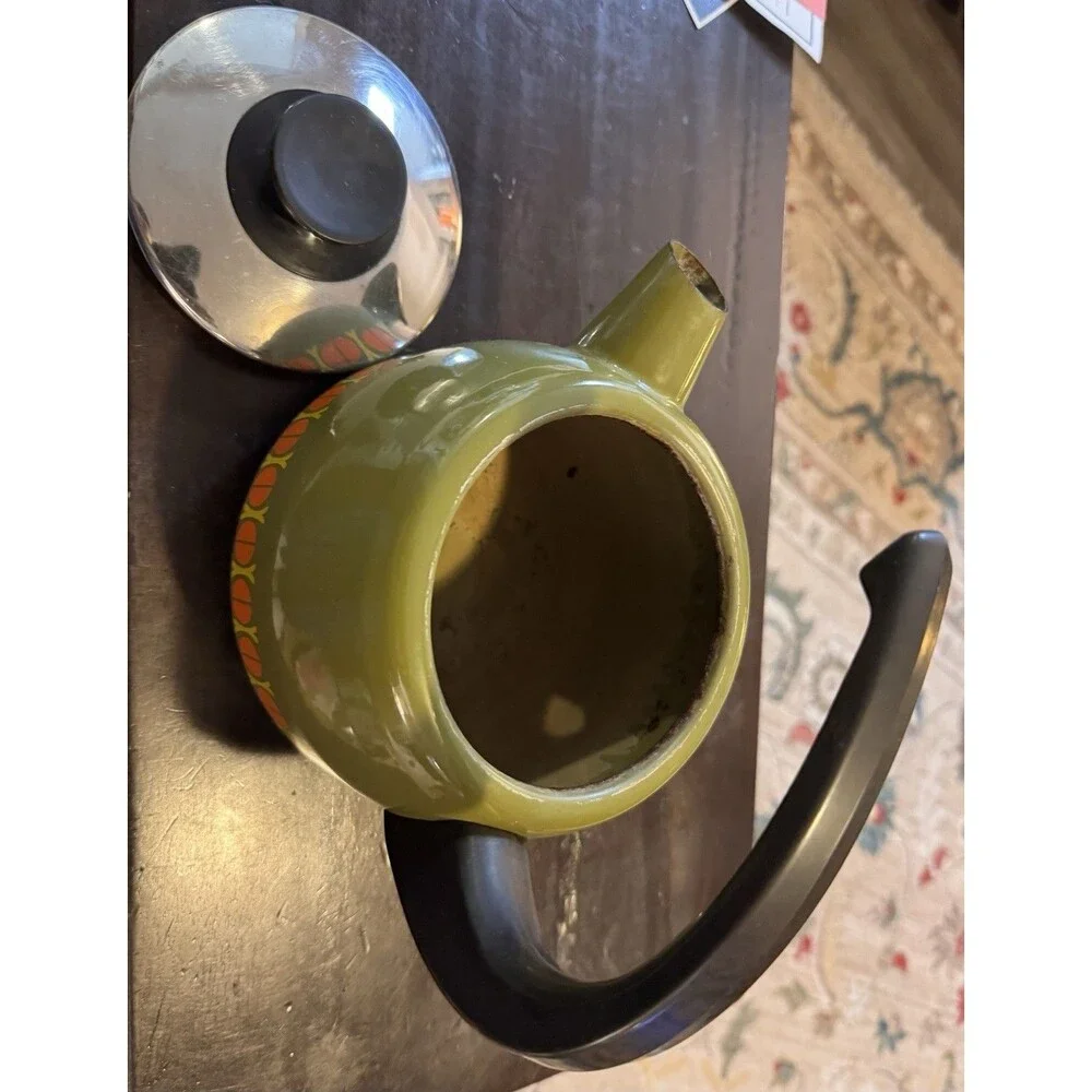 VTG 1960s enamel Teapot made in Austria Avocado Green - Orange Arching Handle